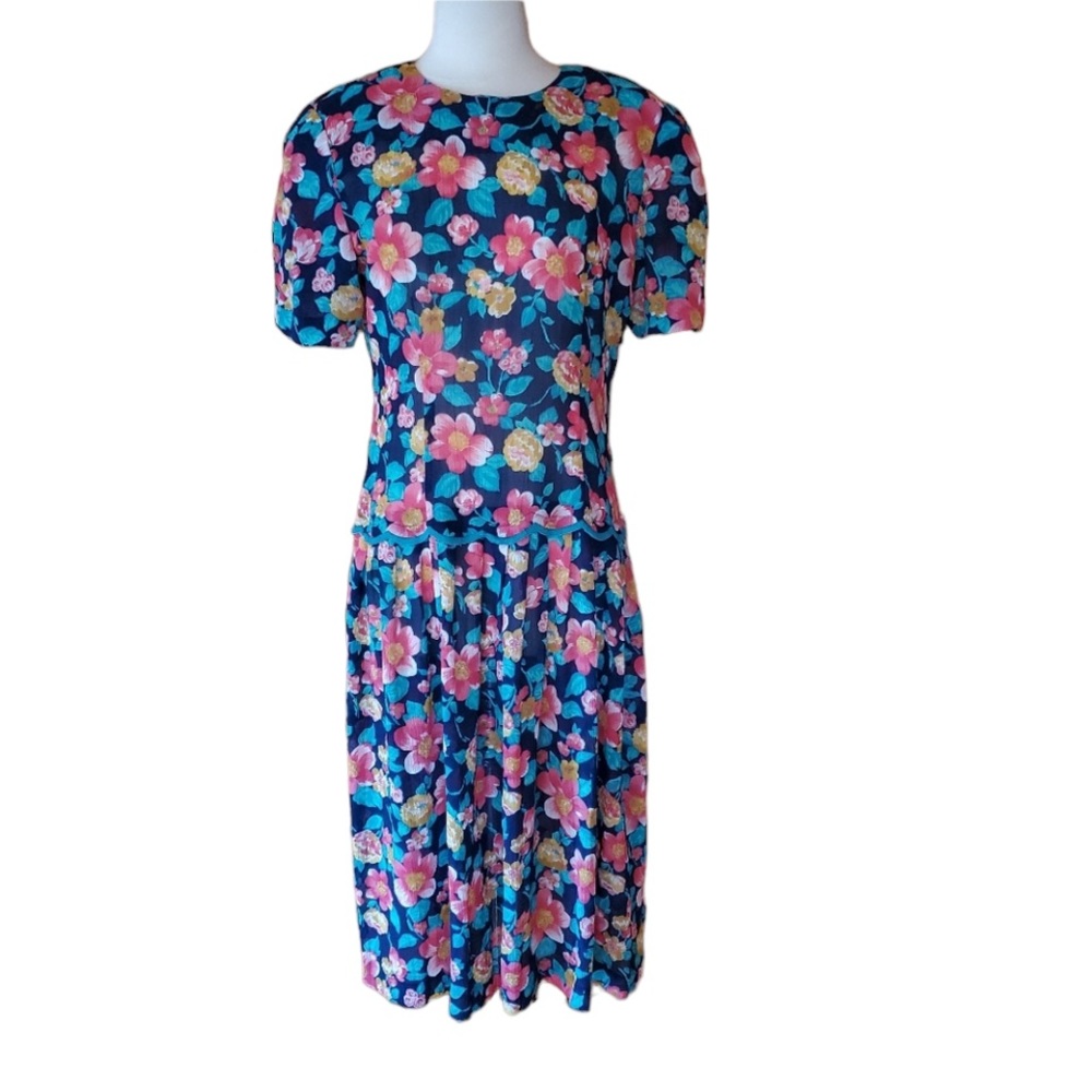 1980s Leslie Fay Navy, Multi-Color Floral, Dress